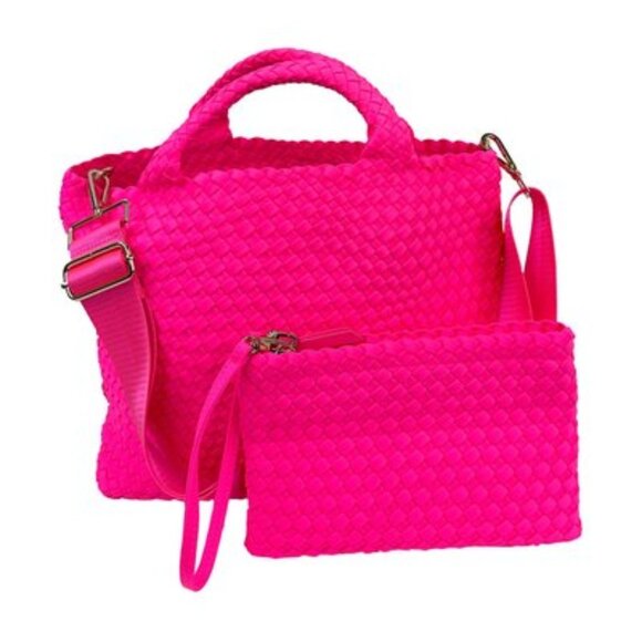 Ahdorned Lily Woven Neoprene Tote Crossbody with Pouch - Neon Pink - NWT - Picture 2 of 10